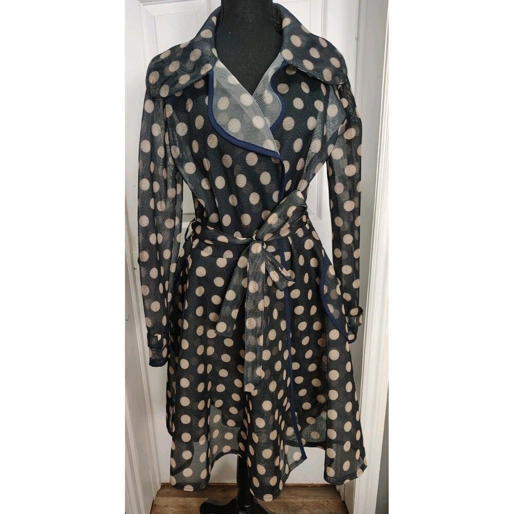 Ups & Downs Women Size XL Navy W/ Cream Polka Dots Mesh Coat Jacket Belted Y2K